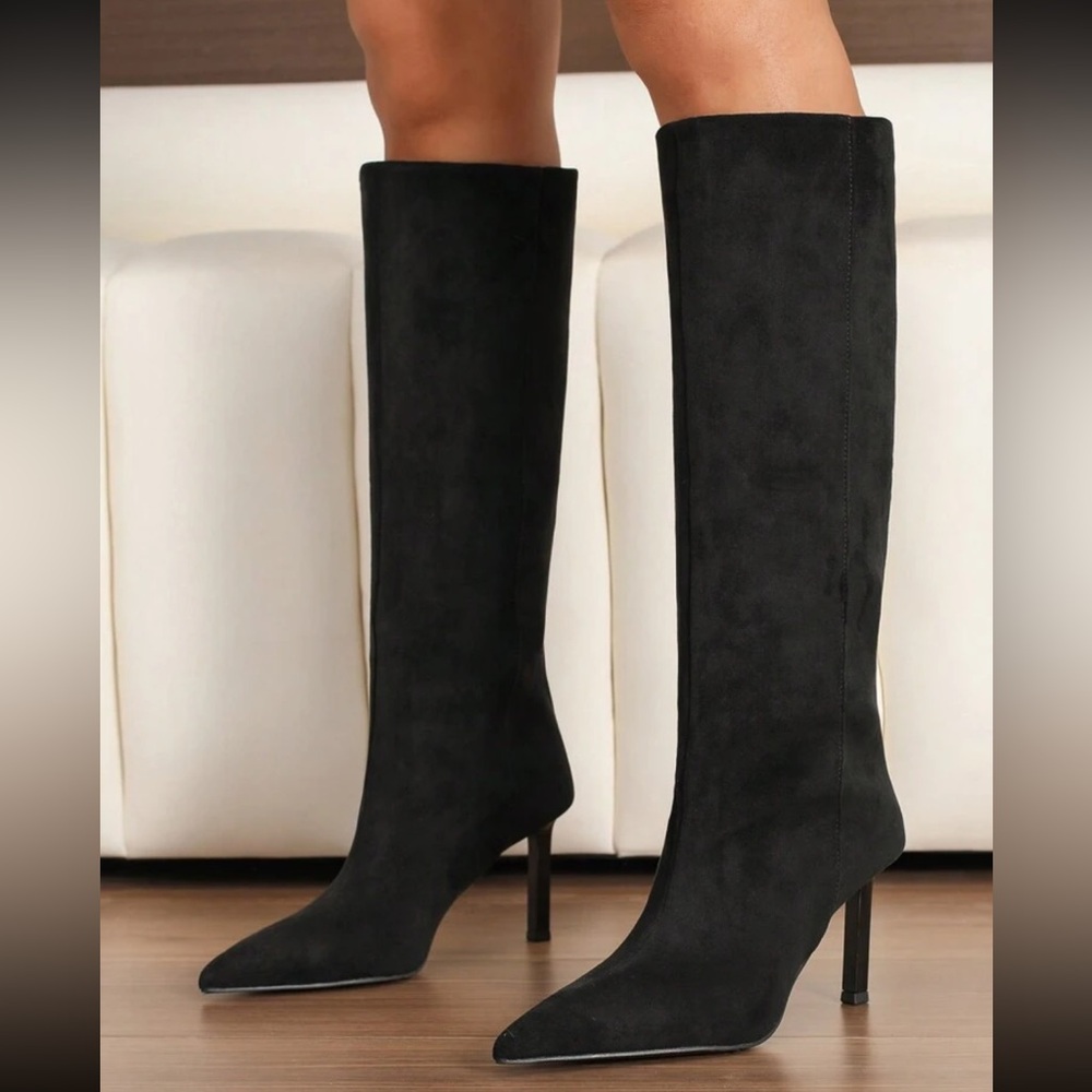 Black faux suede knee high boots pointed toe heeled boots